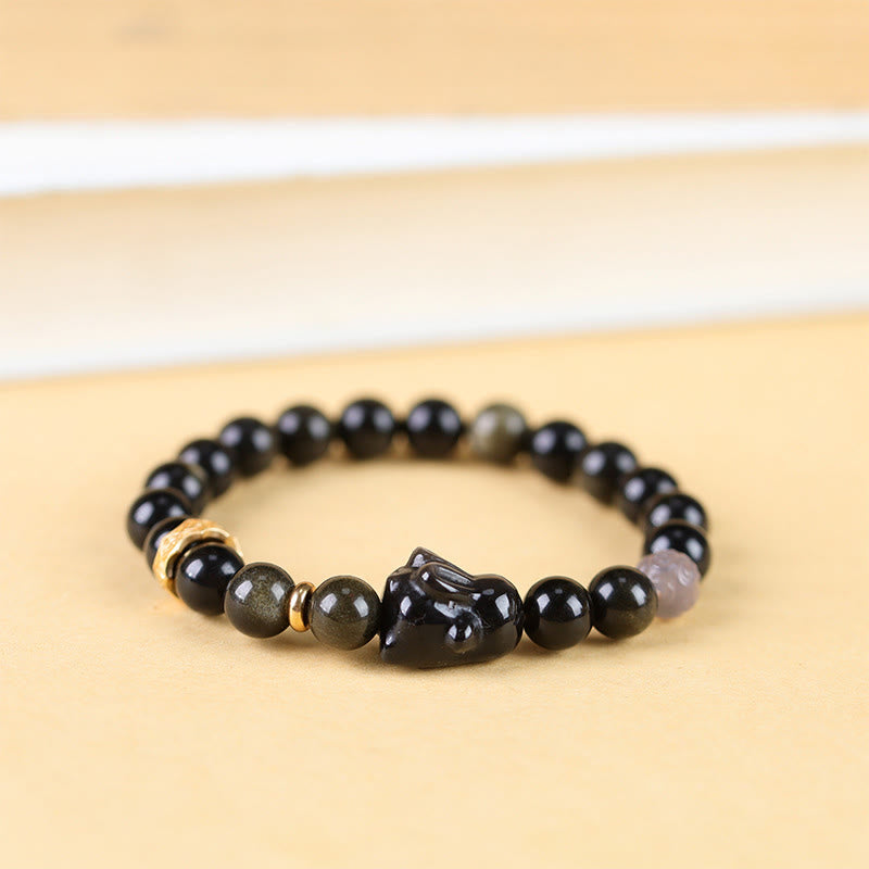 1a5c23d86de8c152d4465f7c34d82dd8 Buddha Stones Gold Sheen Obsidian Black Obsidian Silver Sheen Obsidian Cute Rabbit Protection Bracelet - Image 1
