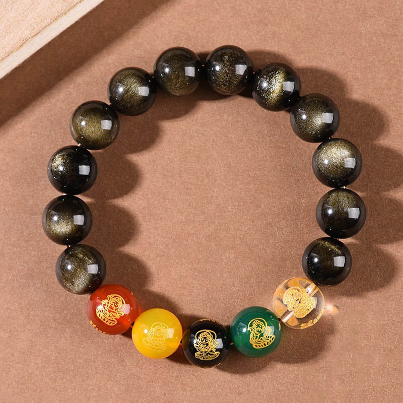 2044bf4cbf880ec180f37e756bb659c2.jpg Buddha Stones Gold Sheen Obsidian Rainbow Obsidian Black Obsidian Five Directions Gods of Wealth Bracelet