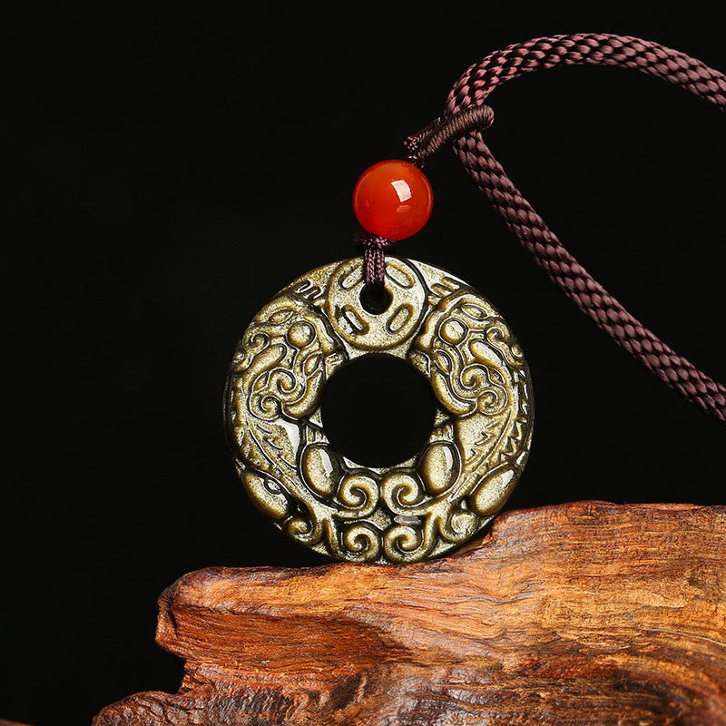 47fb04c4292b1d6e804e9768819e00e6.jpg Buddha Stones Gold Sheen Obsidian Peace Buckle Pixiu Copper Coin Wealth Necklace Pendant