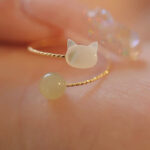 Buddha Stones Tridacna Stone Cat Head Jade Bead Blessing Ring