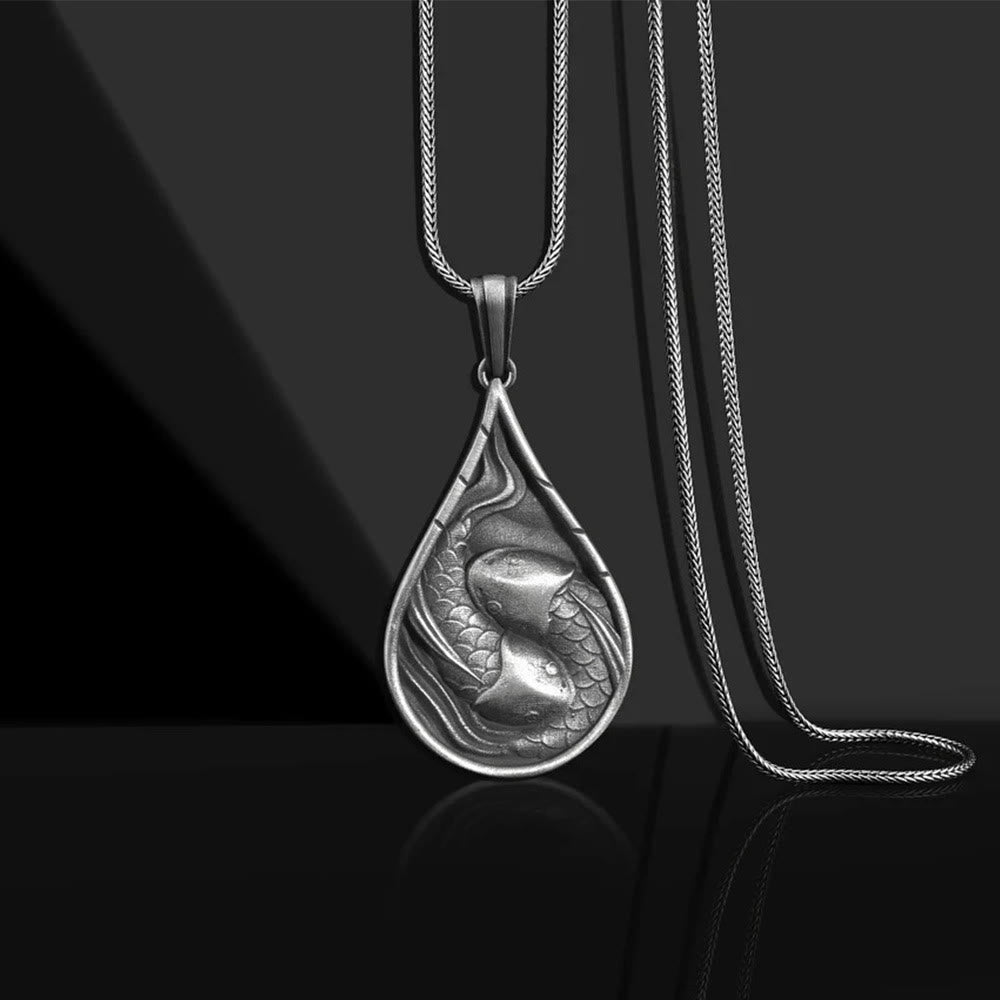 5fa40415-217d-4701-a299-e380357f1b1a.jpg Buddha Stones Double Lucky Koi Fish Prosperity Pure Tin Water Drop Pattern Necklace Pendant