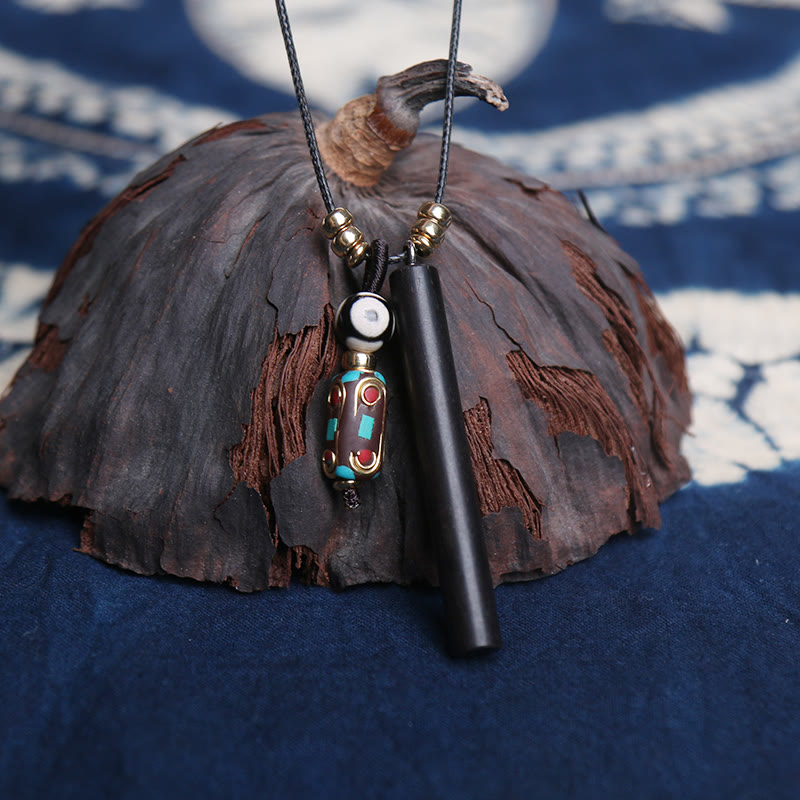 Buddha Stones Tibetan Ebony Wood Dzi Bead Peace Calm Necklace Pendant