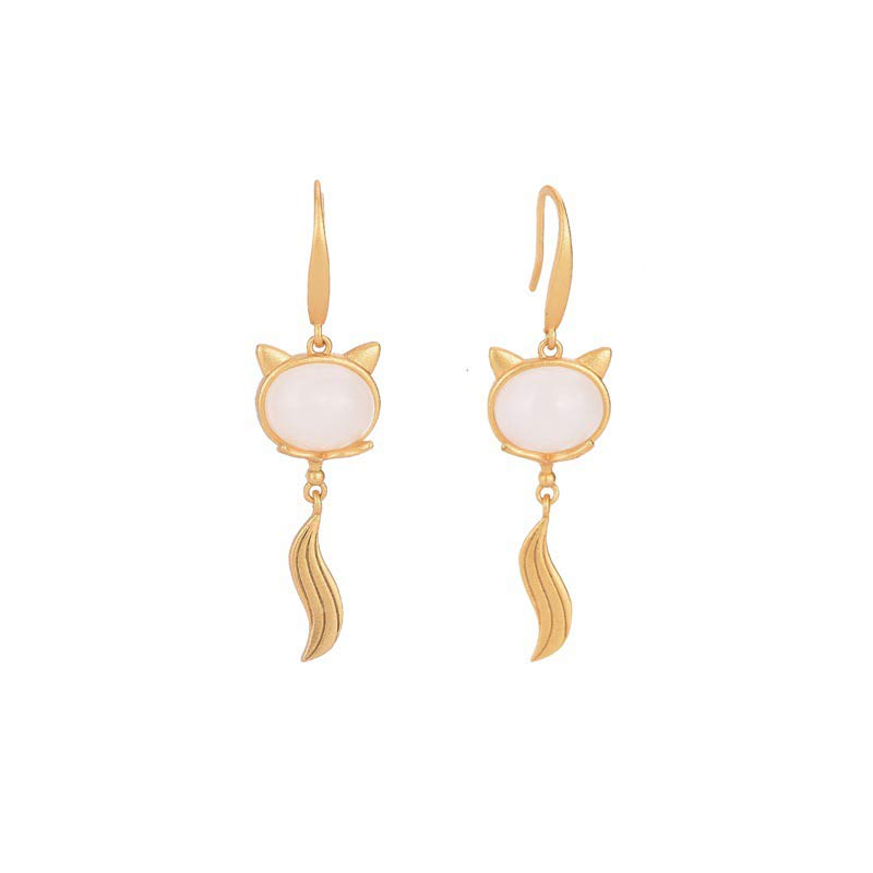 Buddha Stones FengShui White Jade Fox Fortune Earrings