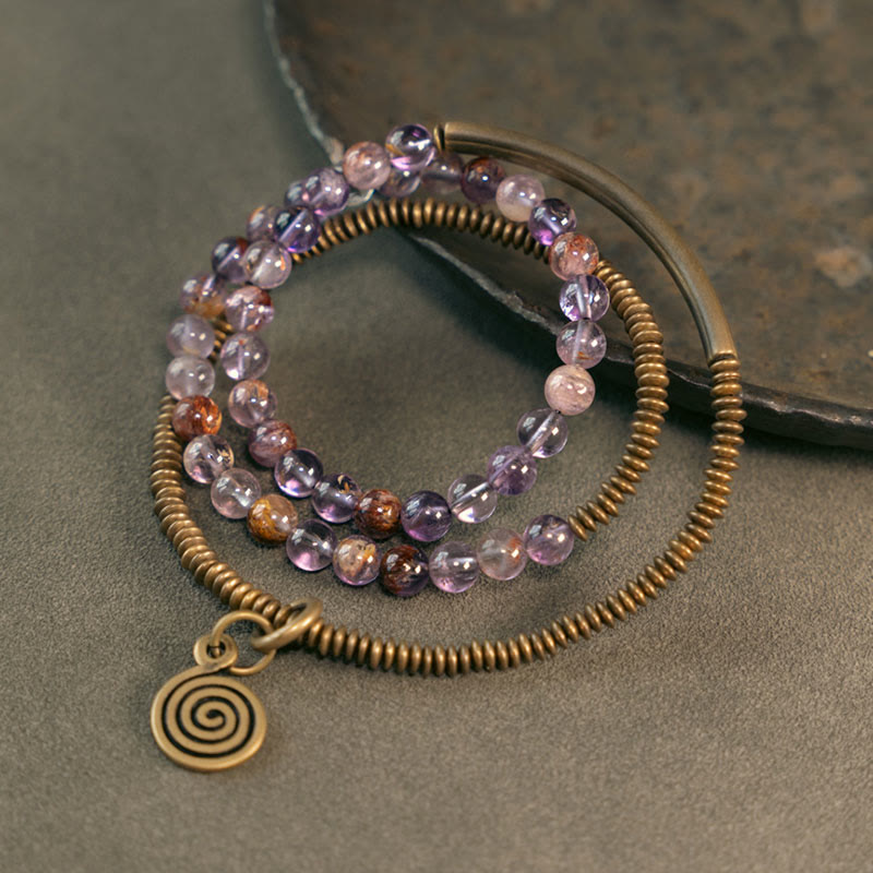 634607a7-e3d8-464f-ad51-f991721fb964_1 Buddha Stones Purple Phantom Red Hematoid Quartz Green Rutilated Quartz Copper Love Forgive Bracelet - Image 1