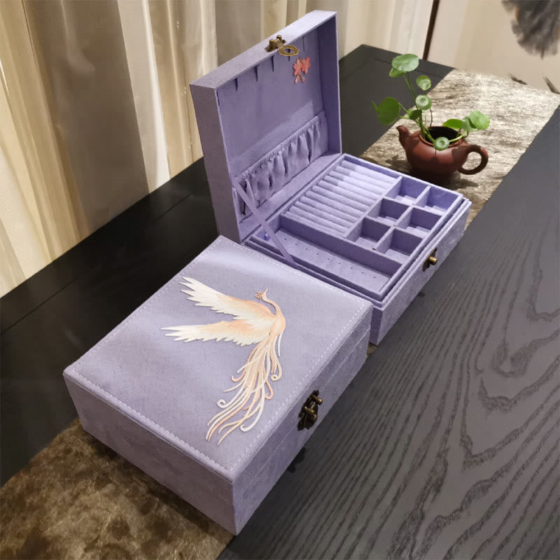 9378853b-c2ba-4dfc-8658-77fb3a31d858 Buddha Stones Purple Phoenix Jewelry Box Organizer Two-Layer Jewelry Storage Box Flannel Box - Image 1