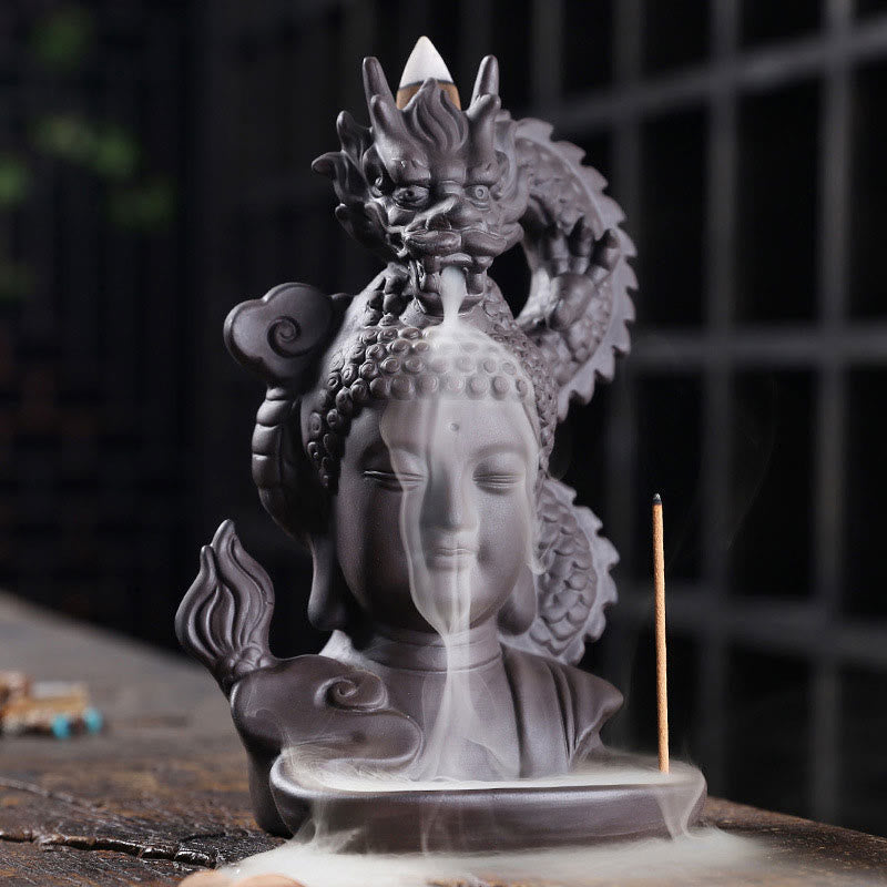 a9af8927-2321-4471-be28-0560f7771cf5 Buddha Stones Dragon Buddha Auspicious Clouds Purple Clay Healing Incense Burner Decoration - Image 1