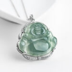 Buddha Stones Laughing Buddha Natural Jade Luck Necklace Titanium Steel Chain Pendant