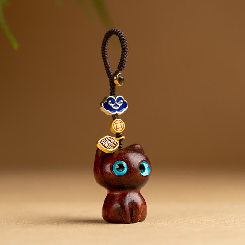 e4473120-2e38-4647-9074-0c27a6978340 Buddha Stones Small Leaf Red Sandalwood Ebony Wood Lucky Cat Protection Key Chain Phone Hanging Decoration - Image 1