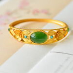 Buddha Stones Cyan Jade White Jade Flower Leaf Harmony Luck Bracelet Bangle