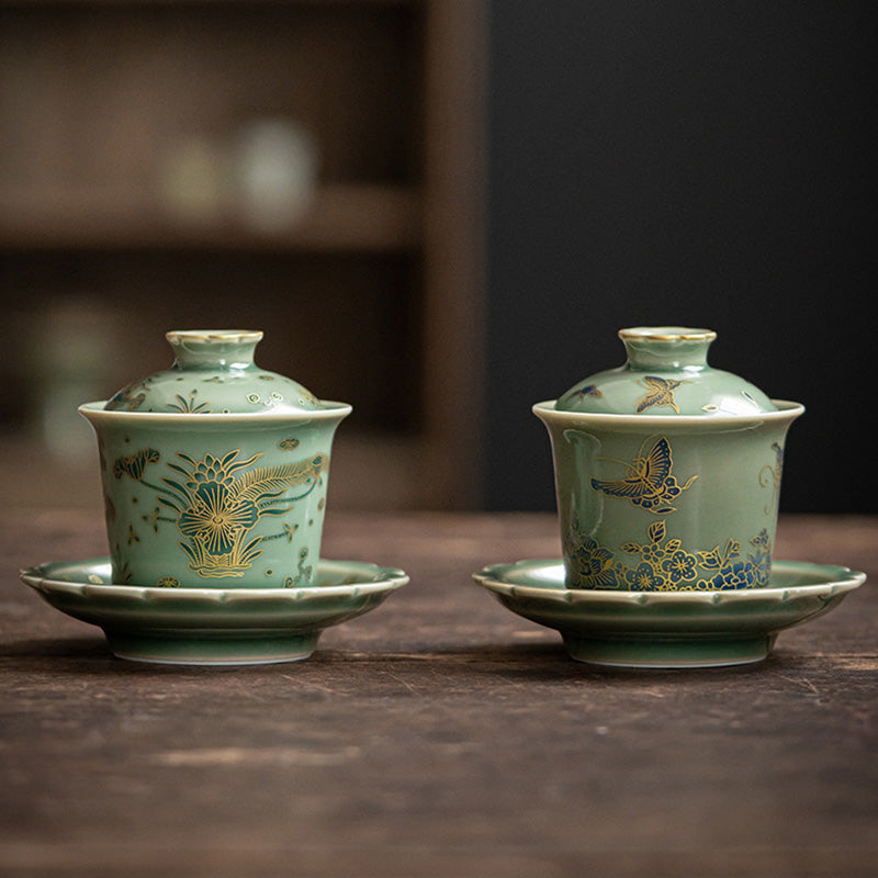 ee506a147c06f512dc9dce18cca88937 Buddha Stones Green Porcelain Butterfly Flower Salmon Fish Ceramic Gaiwan Sancai Teacup Kung Fu Tea Cup And Saucer With Lid - Image 1