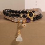 Buddha Stones Gold Sheen Obsidian Gray Agate Lotus Charm Strengthen Double Wrap Bracelet
