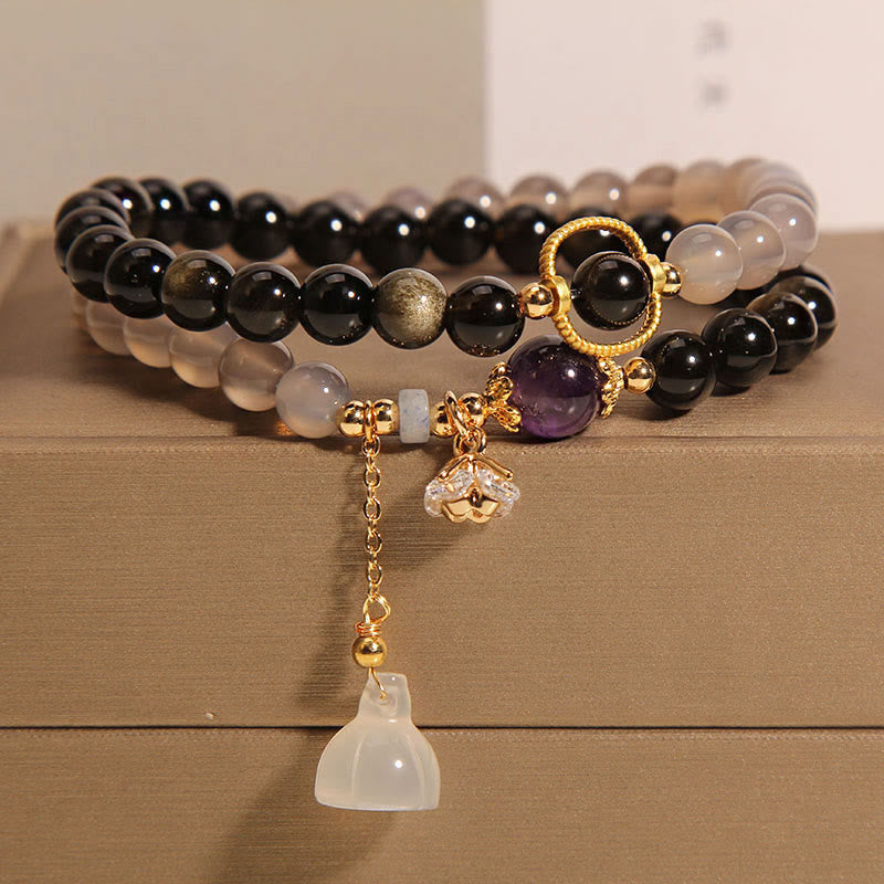 ff3689b4ebd5efa58d0acc3eaa192f78.jpg Buddha Stones Gold Sheen Obsidian Gray Agate Lotus Charm Strengthen Double Wrap Bracelet